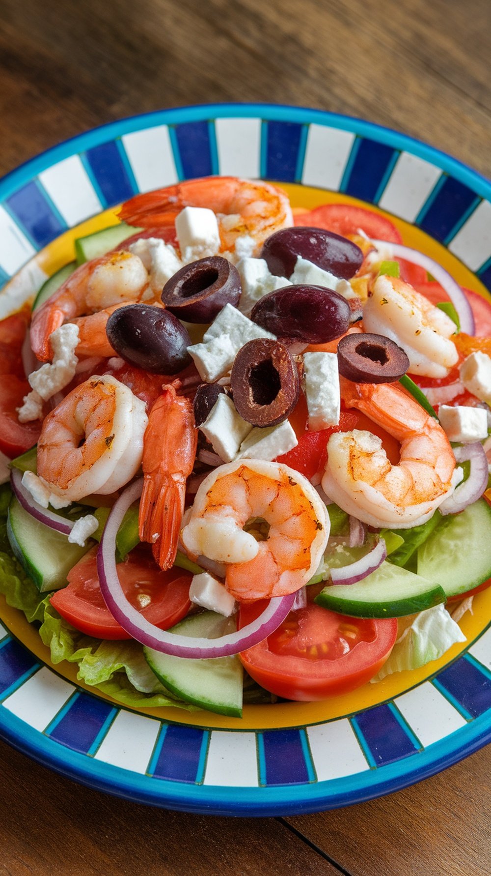 A vibrant Greek salad topped with grilled shrimp, olives, and feta cheese.