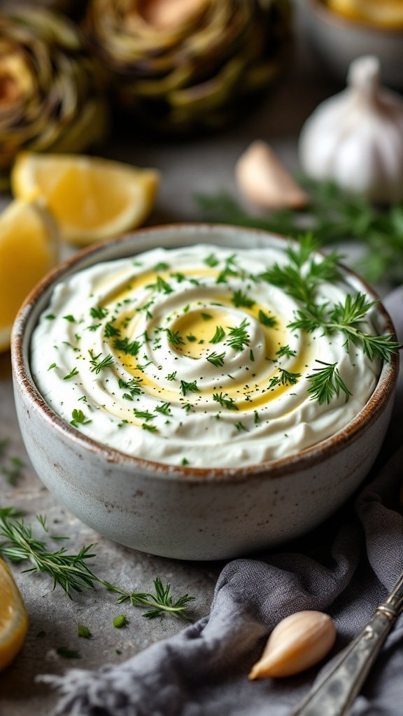 Greek yogurt herb dip in a bowl garnished with herbs and lemon.