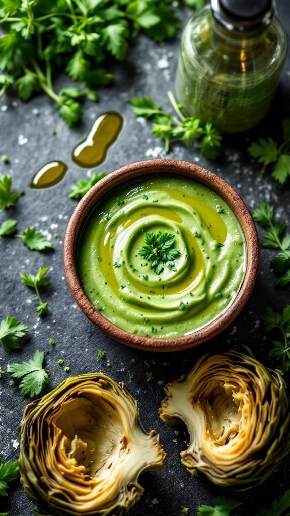 A bowl of green goddess dressing surrounded by fresh herbs and artichokes