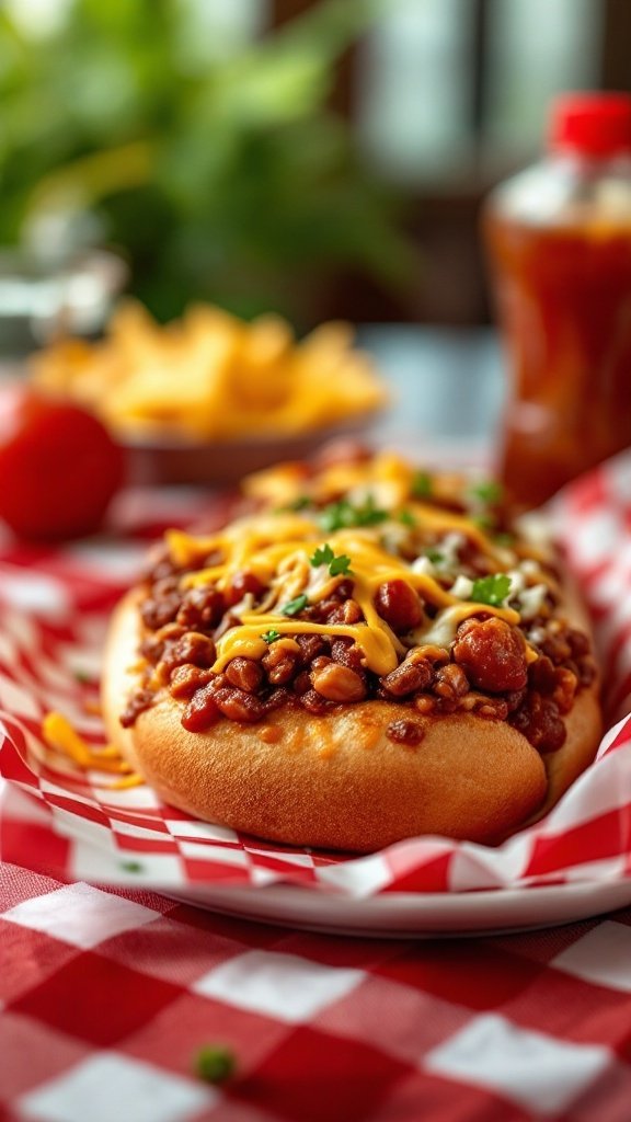 Hearty chili and cheese hot dog with toppings