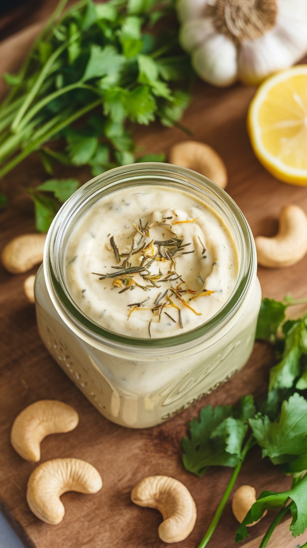 A jar of herbed cashew cream with fresh herbs and cashews nearby.