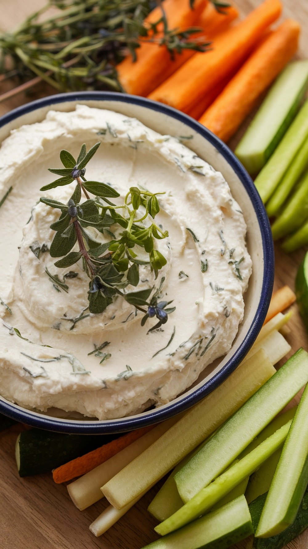 A bowl of herbed goat cheese dip garnished with fresh herbs, surrounded by sliced vegetables including carrots, cucumber, and celery.