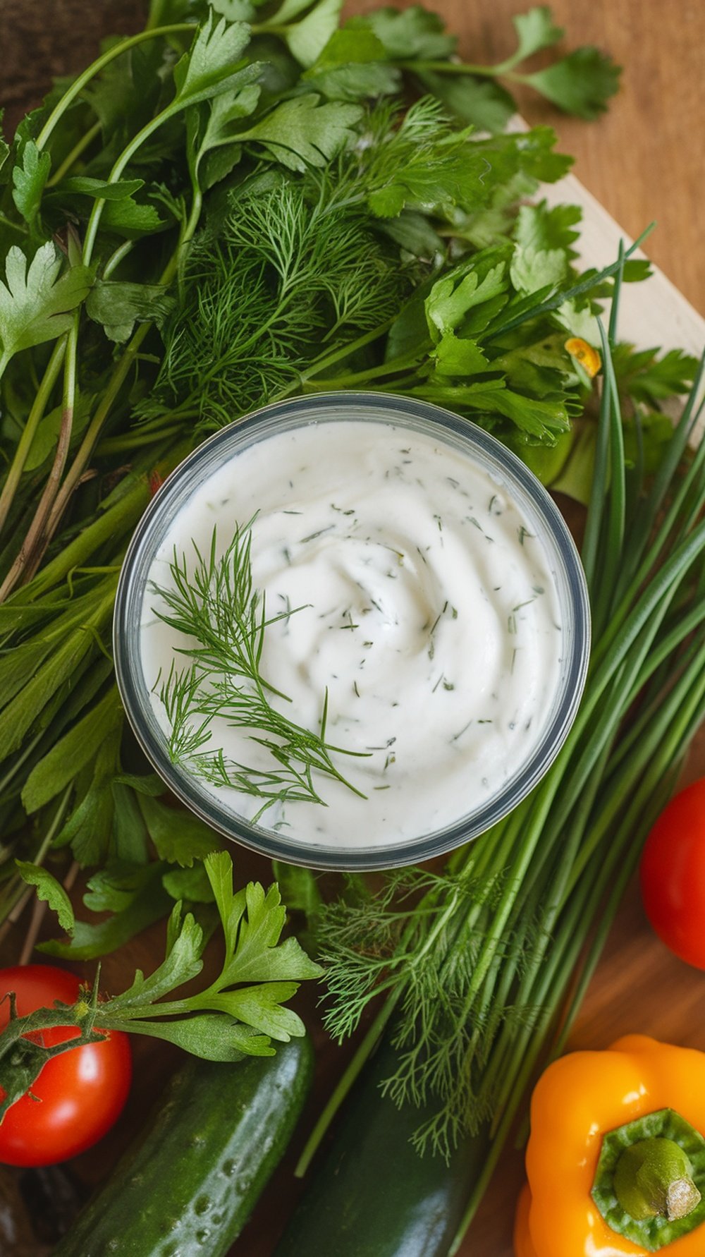 A bowl of herbed yogurt sauce surrounded by fresh herbs.