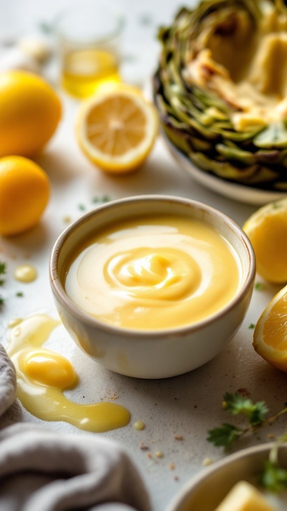 A bowl of creamy Hollandaise sauce with lemons and artichokes in the background.