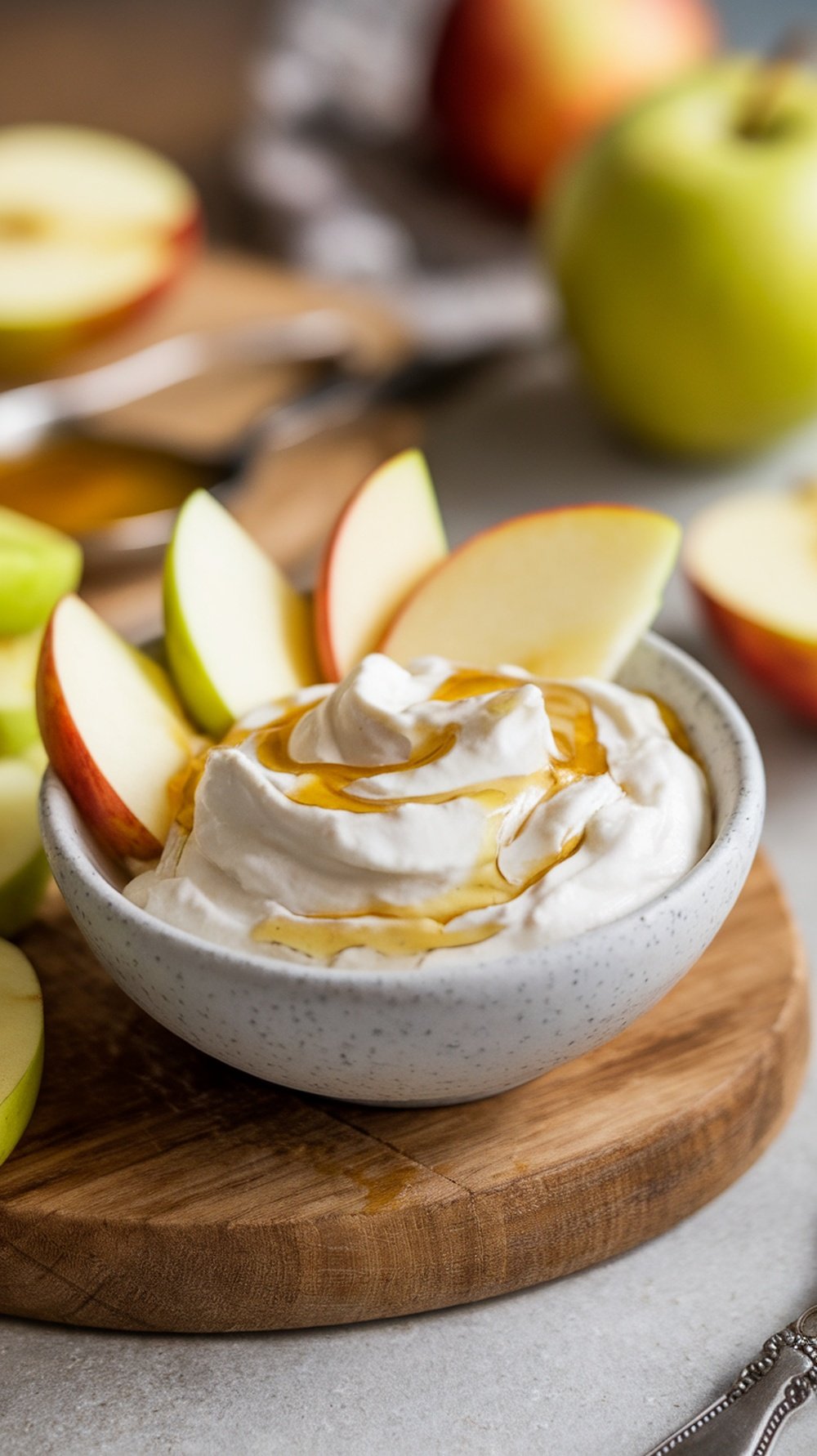 Bowl of Honey Mustard Greek Yogurt Spread with apple slices