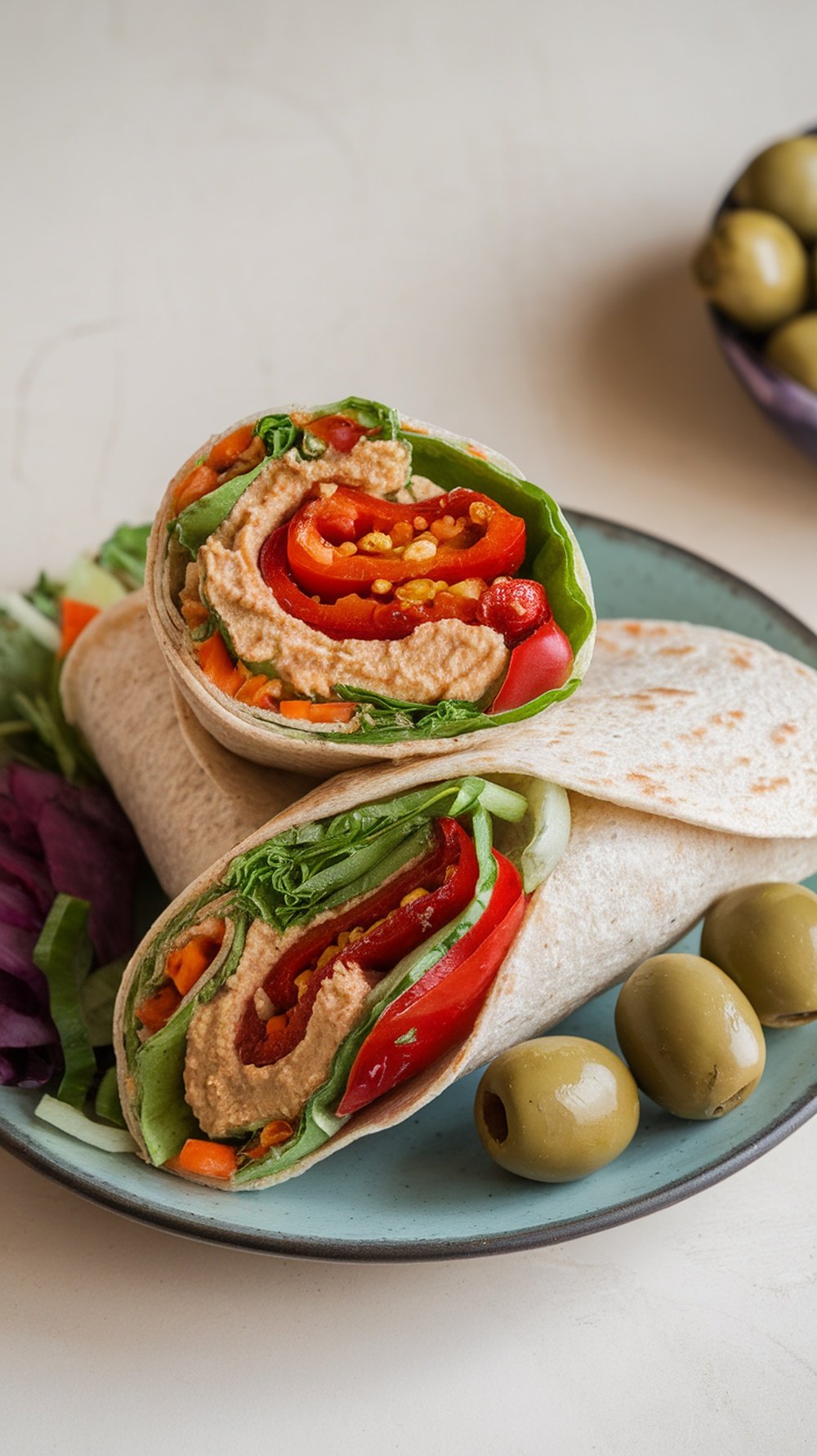 A delicious hummus and roasted red pepper wrap with fresh vegetables.