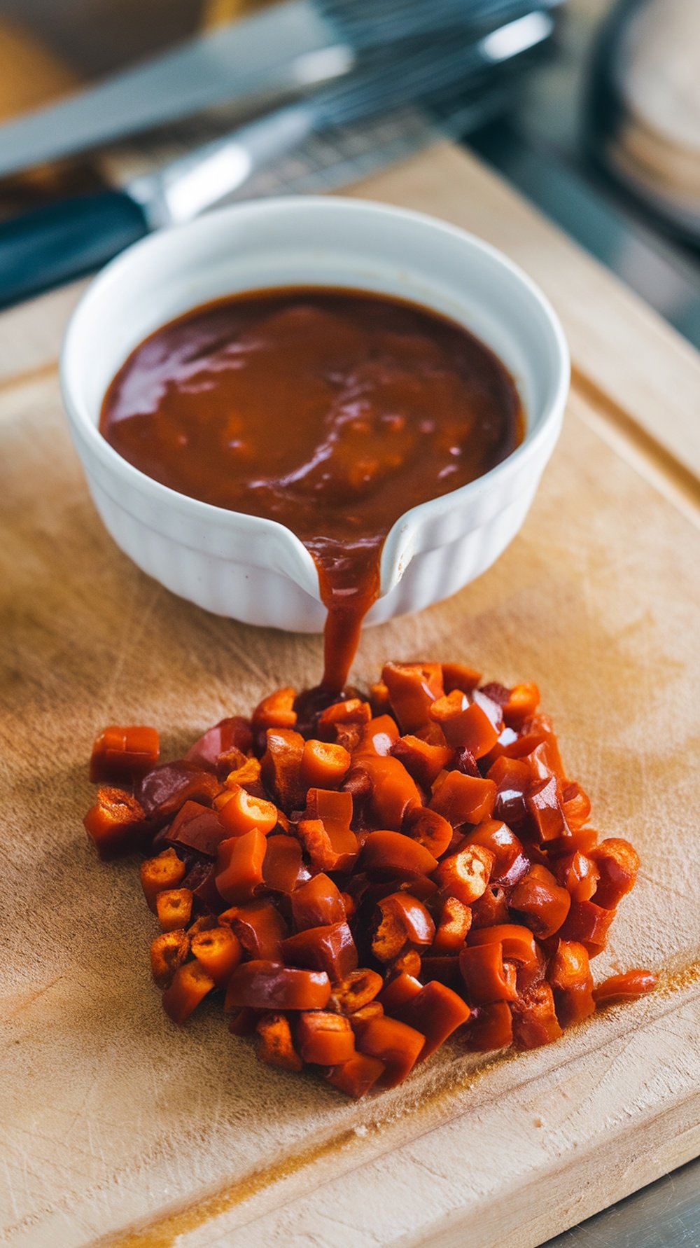 BBQ sauce in a bowl with chopped chipotle peppers on a wooden cutting board.