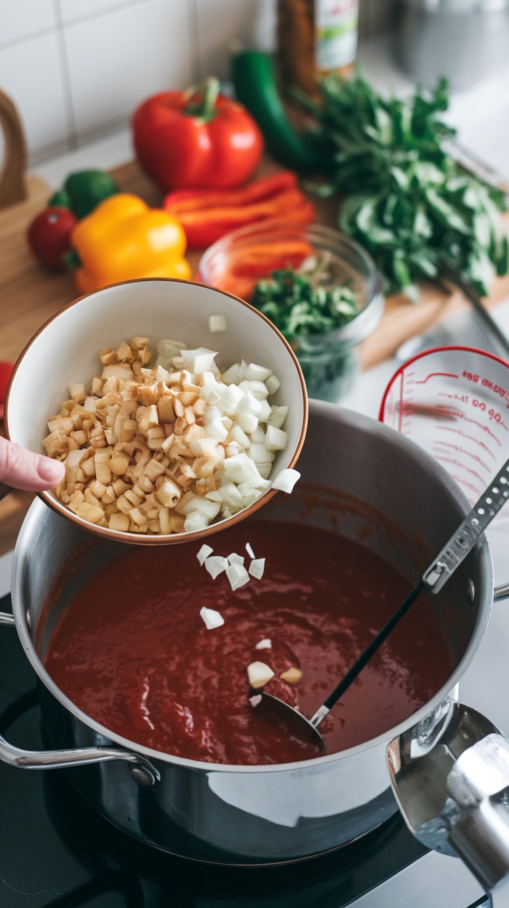 A person adding chopped garlic and onion to a pot of BBQ sauce, with colorful vegetables in the background.