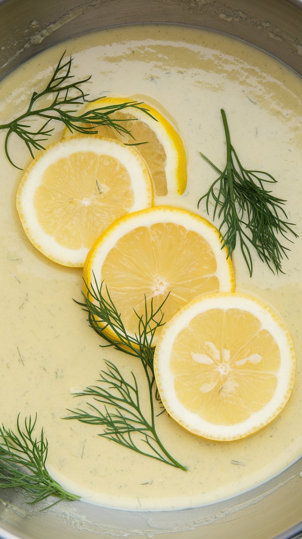A light and creamy lemon dill sauce with fresh dill and lemon slices.
