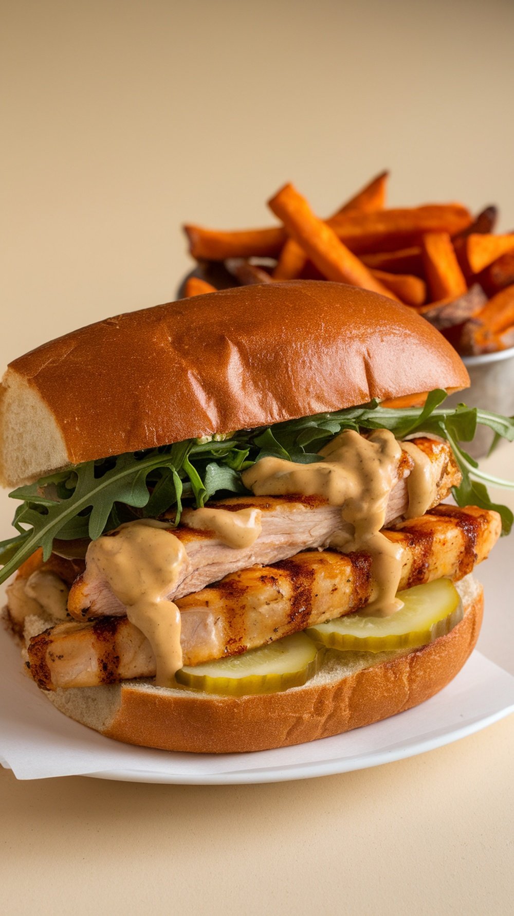 A Mapple Mustard Grilled Chicken Sandwich with sweet potato fries.