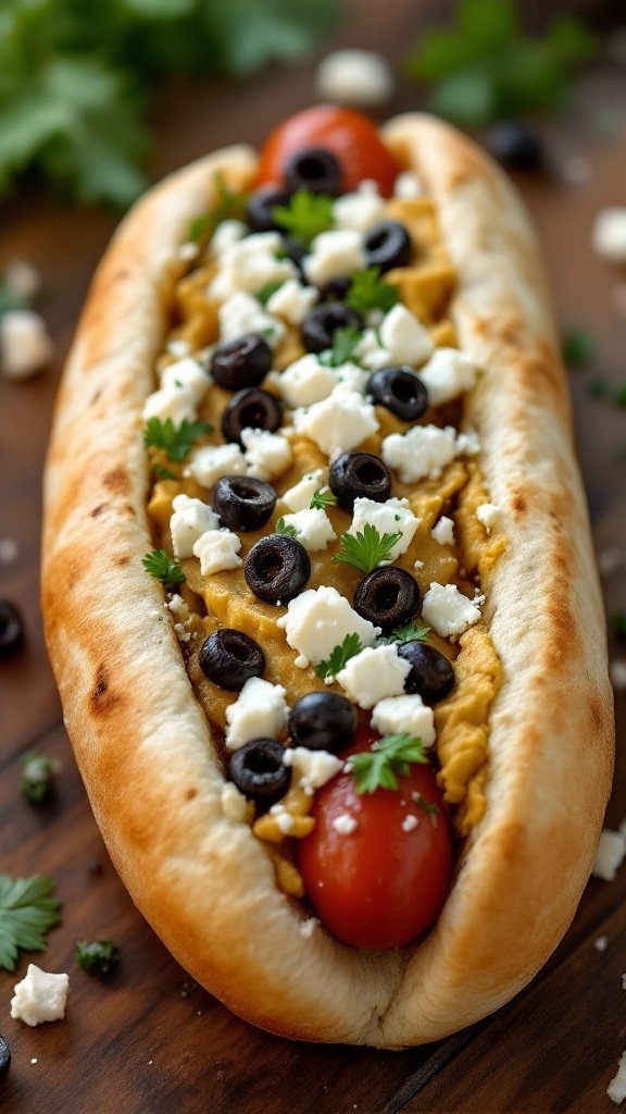 A hot dog topped with hummus, feta cheese, black olives, and cherry tomatoes.