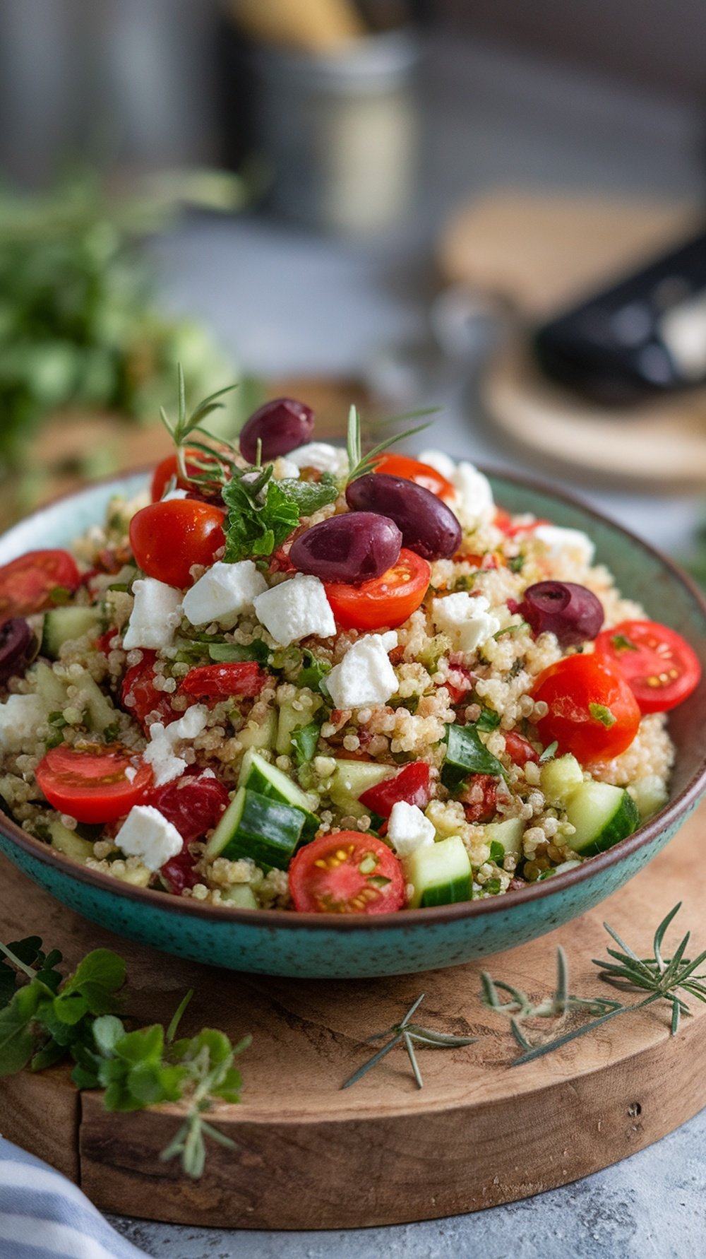 A colorful bowl of Mediterranean quinoa salad topped with cherry tomatoes, cucumber, olives, and feta cheese.