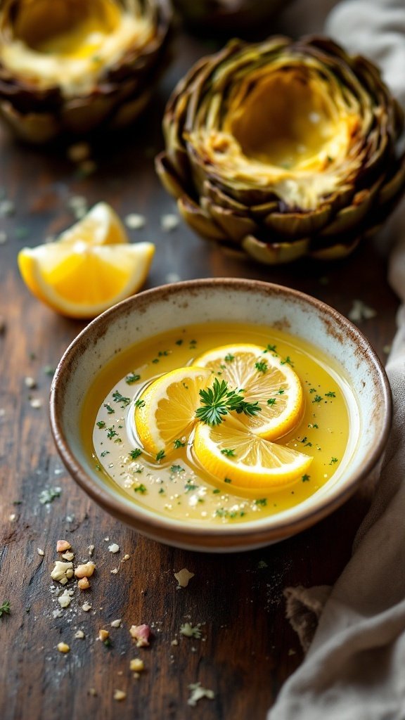 Melted butter with lemon in a bowl, garnished with lemon slices and herbs.