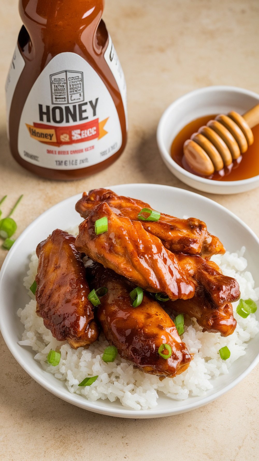 A bowl of wings coated in Mild Honey BBQ Sauce with green onions on top, served over rice.