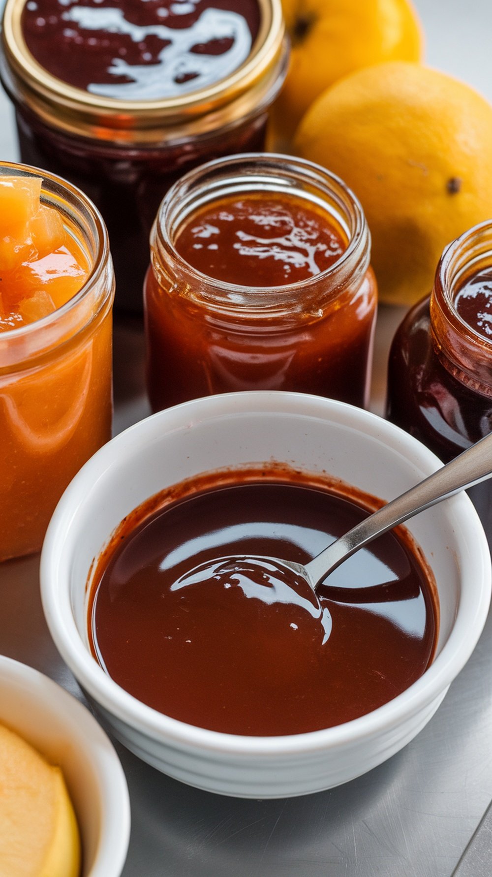 A collection of fruit preserves and BBQ sauce in bowls, with fresh lemons in the background.