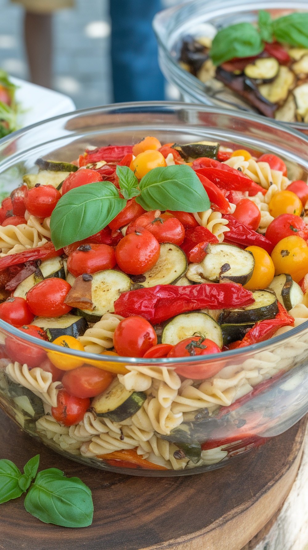 A vibrant pasta salad with roasted vegetables including cherry tomatoes, zucchini, and bell peppers.
