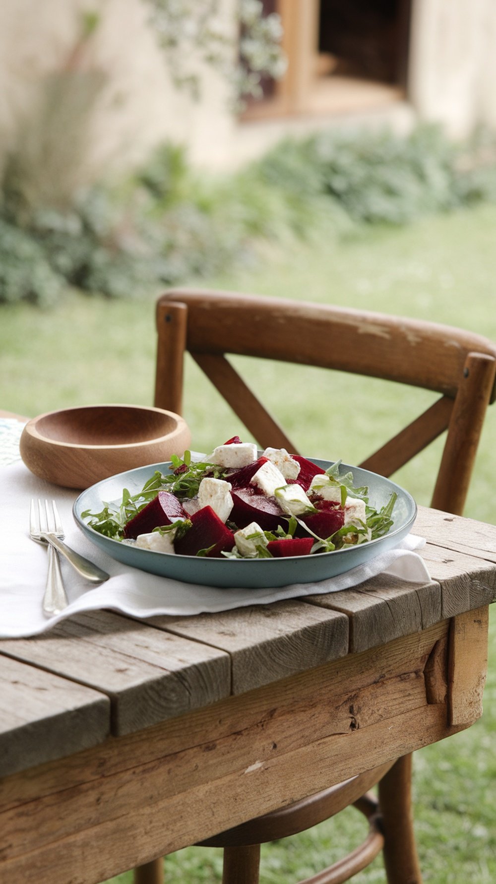 A delicious roasted beet salad with goat cheese and arugula, served on a blue plate.