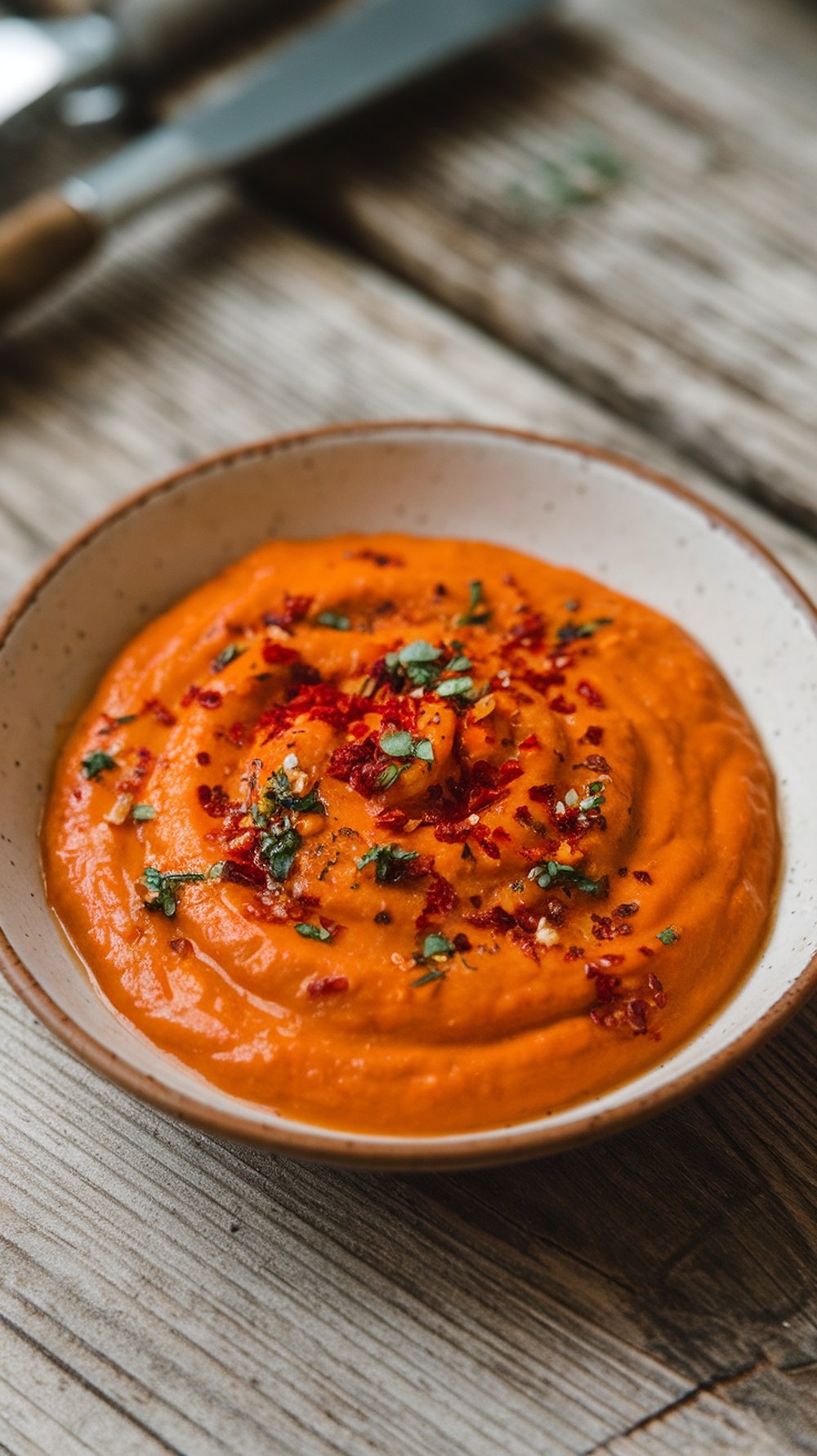 Bowl of roasted red pepper sauce garnished with herbs and spices.