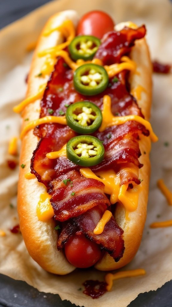 Delicious bacon and cheddar hot dog with jalapeños