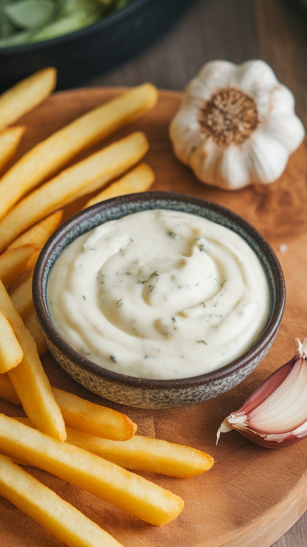 A bowl of garlic aioli with fries on the side.