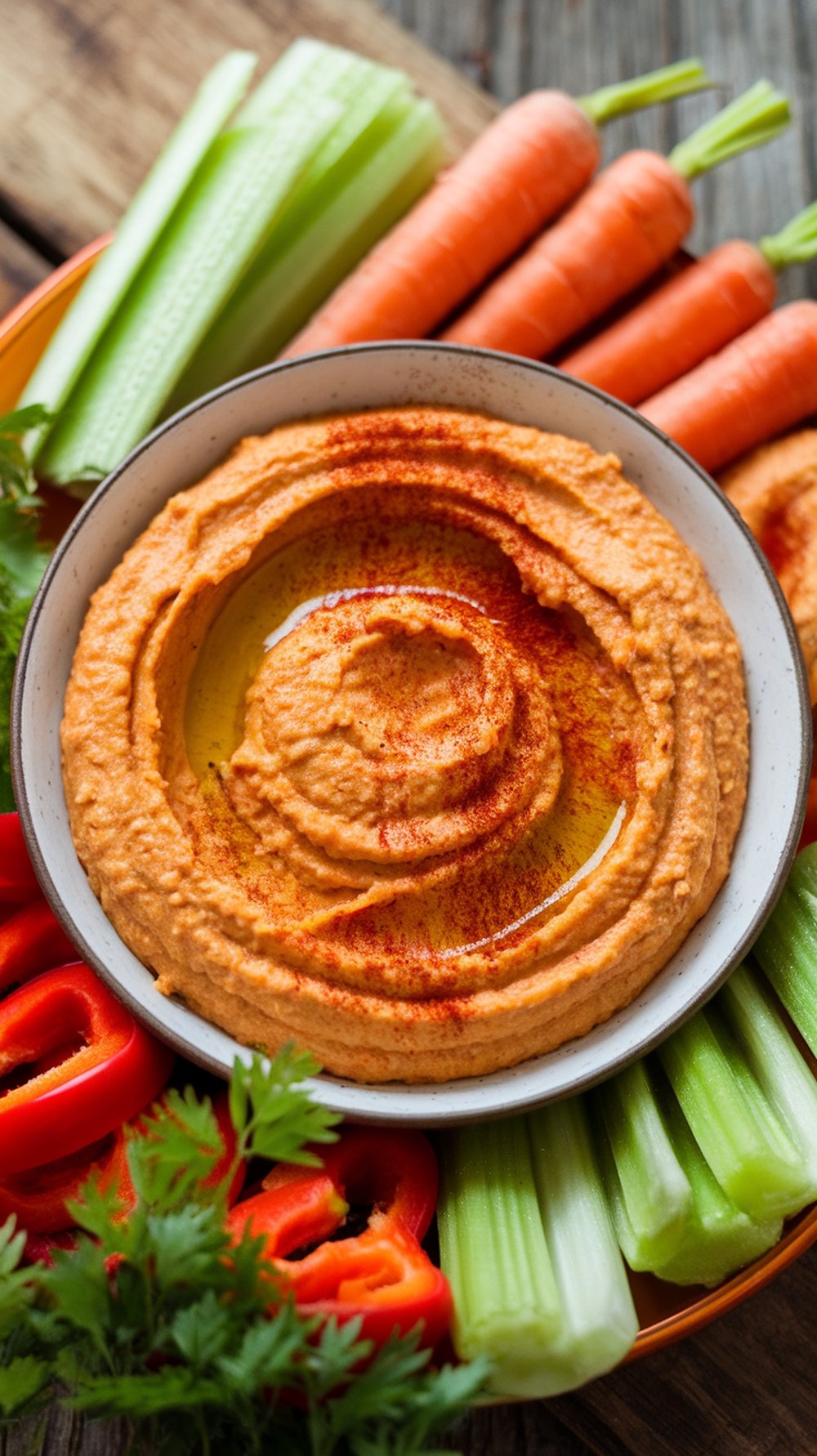 A bowl of roasted red pepper hummus surrounded by celery, carrots, and red peppers.