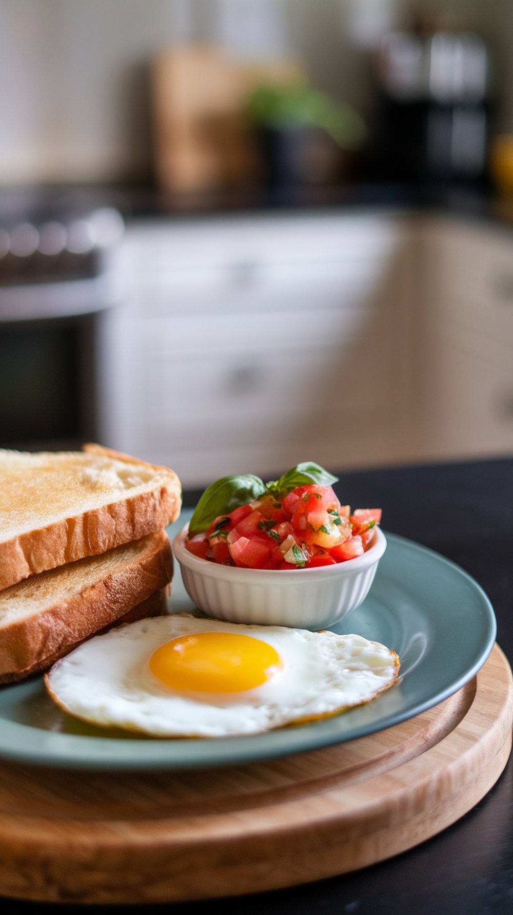 Plate with a sunny-side-up egg, toasted bread, and a bowl of fresh tomato basil salsa.