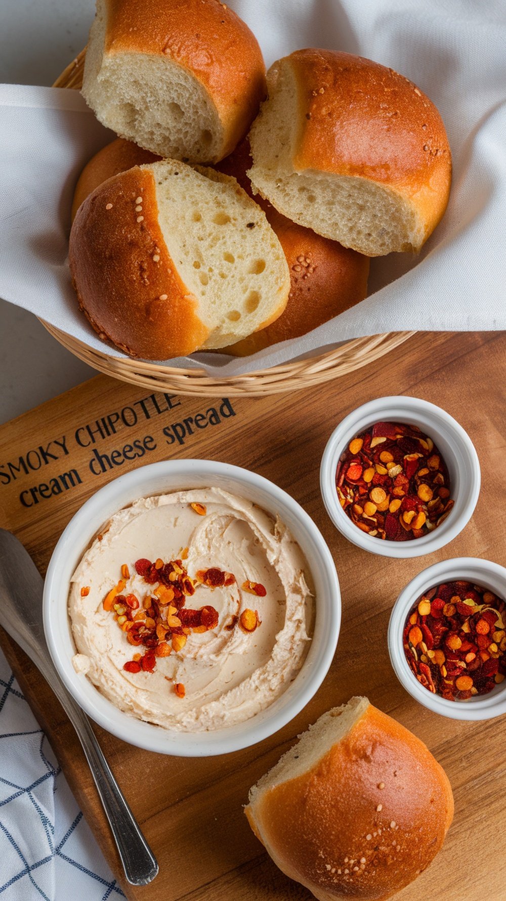 A bowl of smoky chipotle cream cheese surrounded by fresh bread rolls and spices.