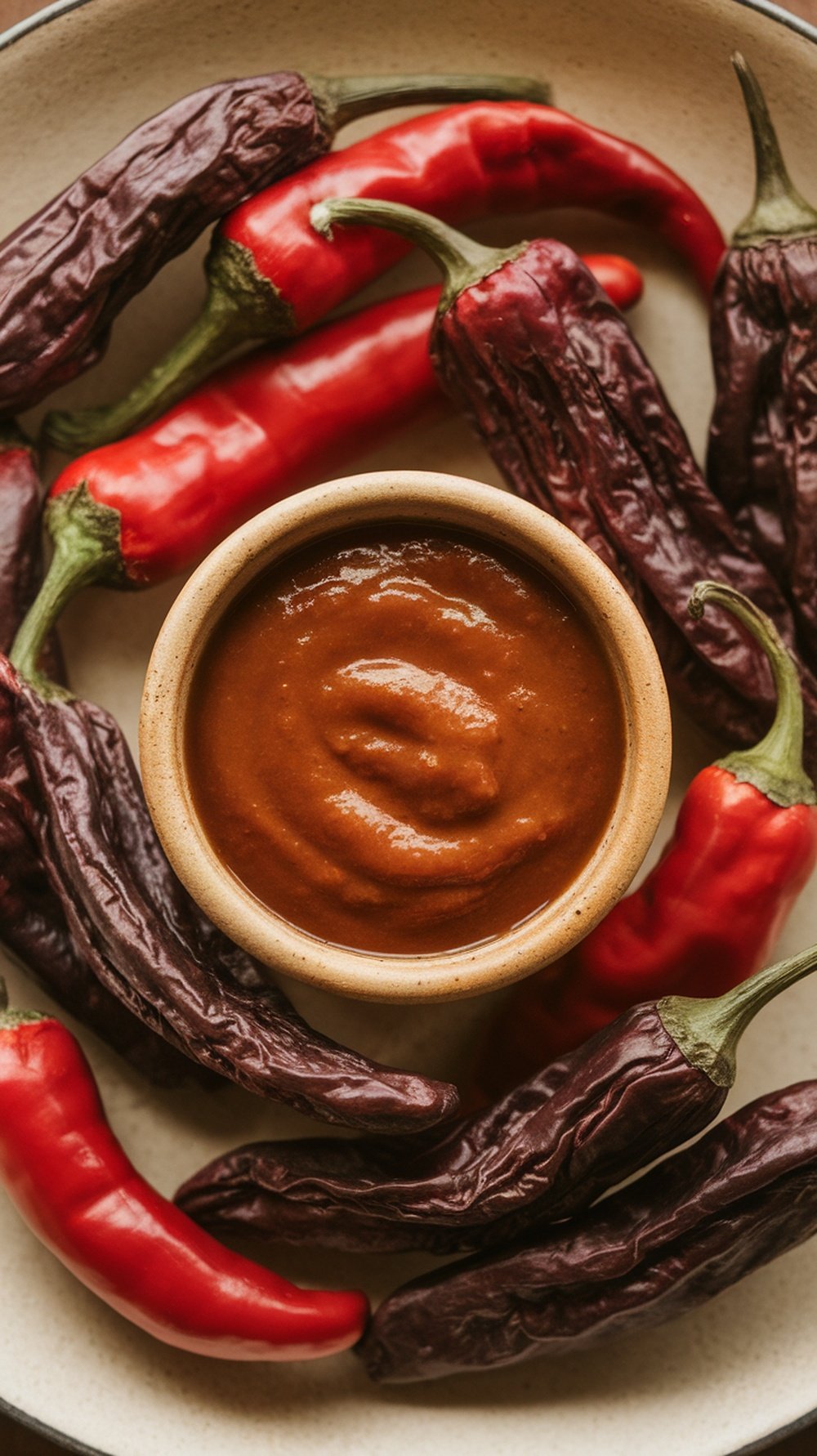 A bowl of smoky chipotle sauce surrounded by red and dried peppers.
