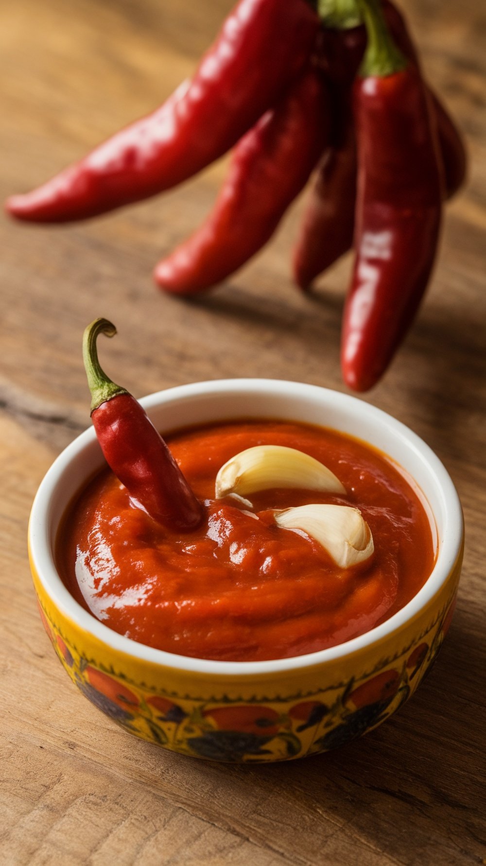 A bowl of smoky chipotle tomato sauce with fresh garlic and chili peppers.
