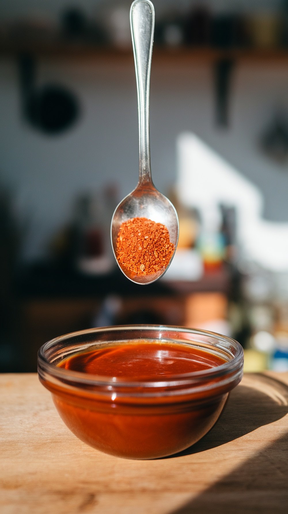 A spoonful of cayenne pepper above a bowl of BBQ sauce