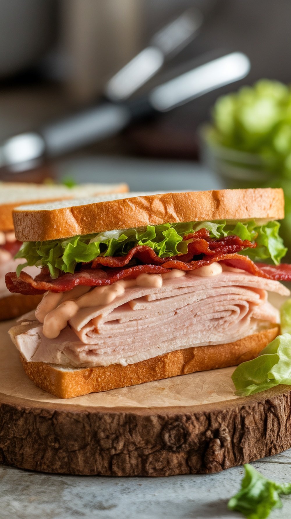 A Spicy Chipotle Mayo Turkey Club sandwich with turkey, bacon, lettuce, and chipotle mayo on bread.