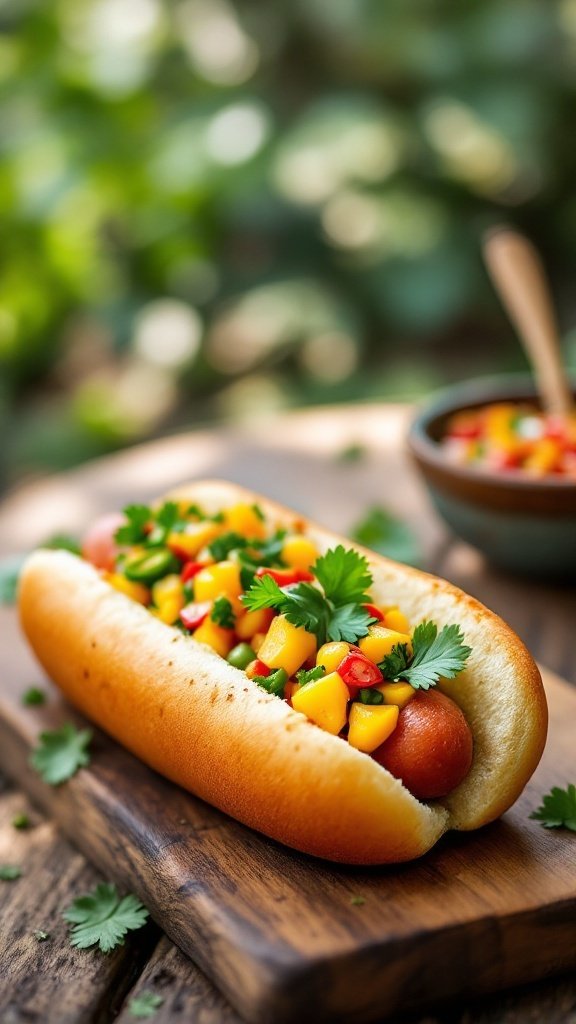 Spicy Mango Jalapeño Salsa on a hot dog