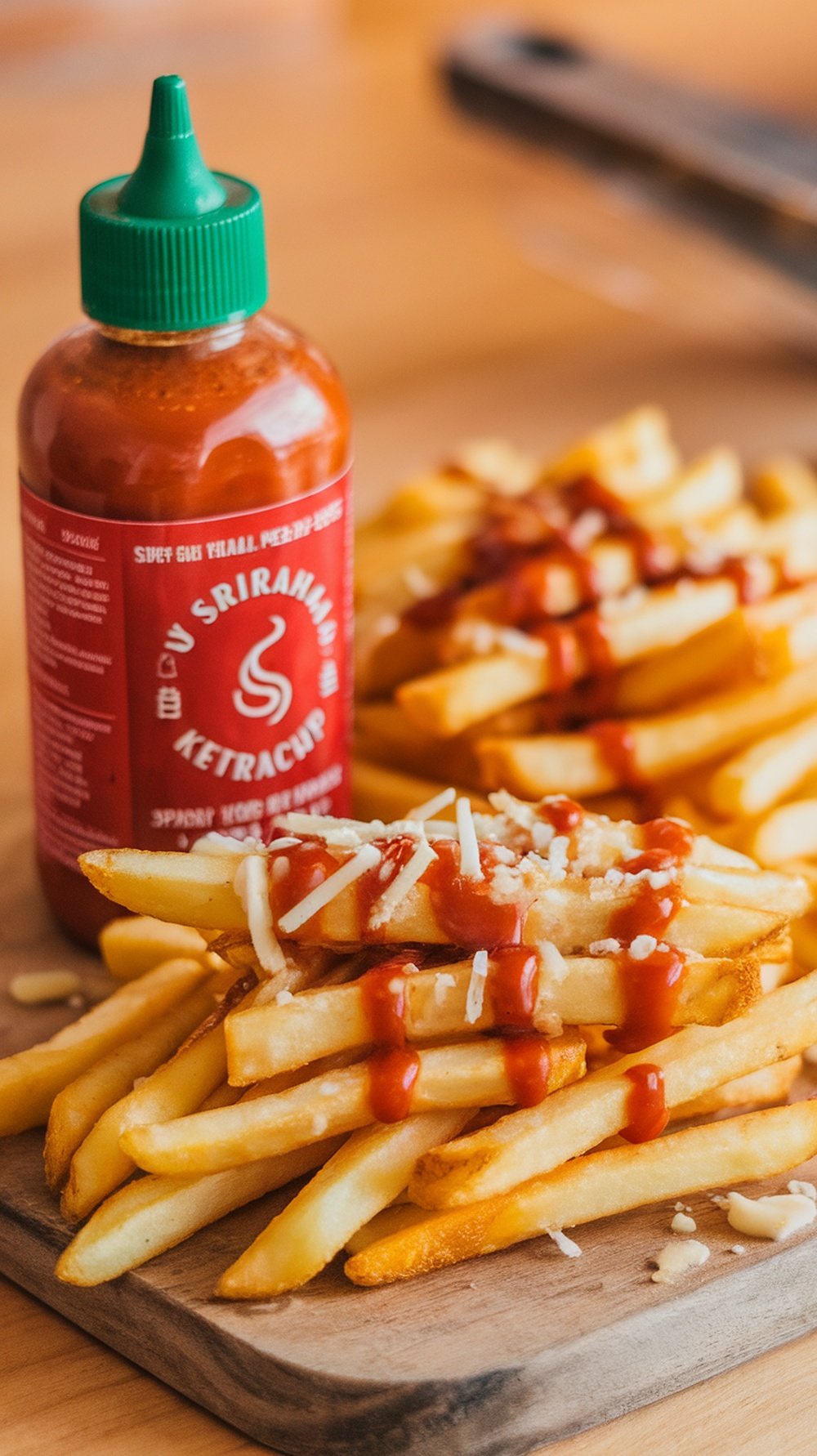 A bottle of spicy sriracha ketchup next to a pile of french fries drizzled with the sauce.