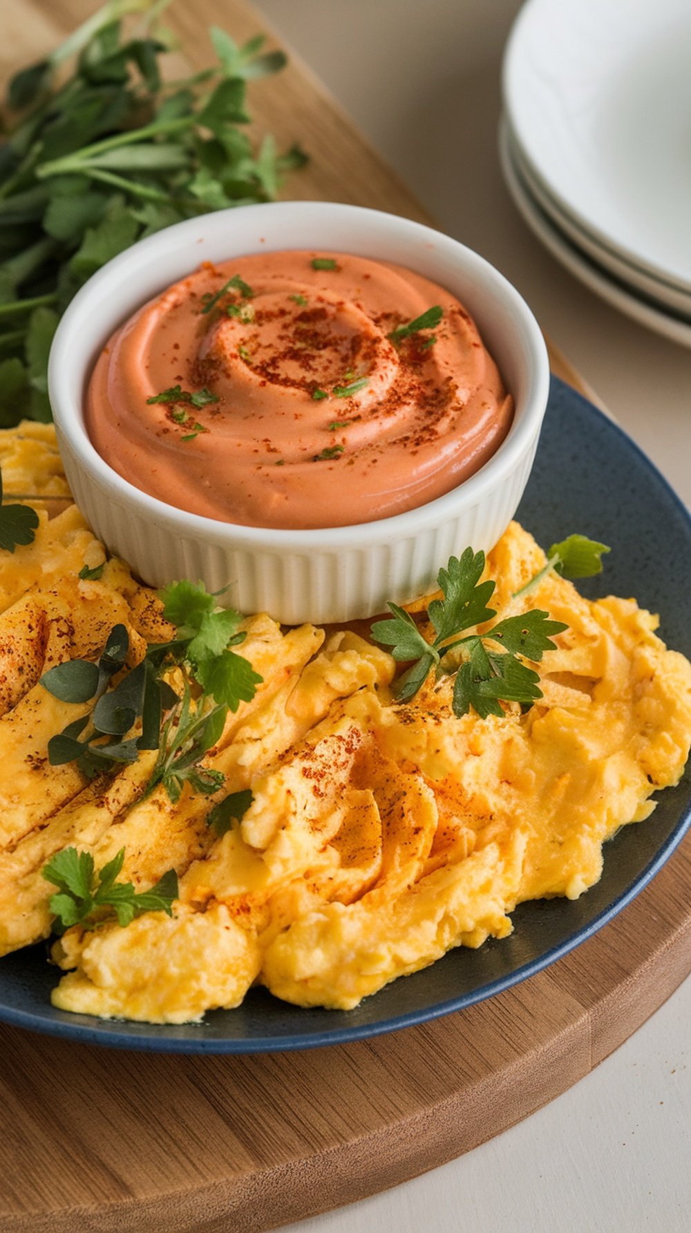 A plate of scrambled eggs topped with spicy sriracha mayo and garnished with parsley.