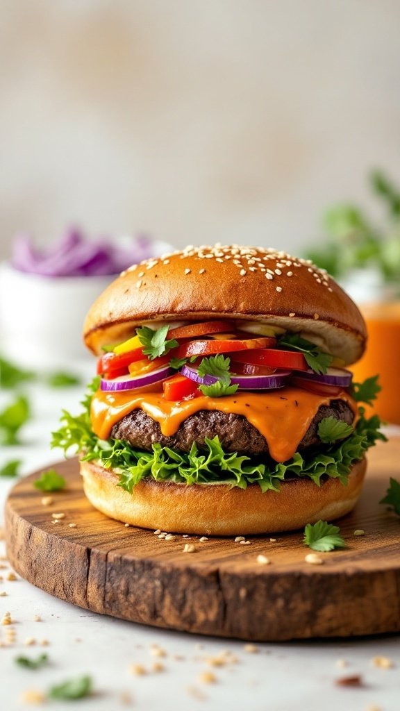 A delicious hamburger with spicy sriracha mayo and fresh toppings.