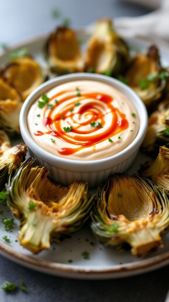 A bowl of spicy sriracha mayo served with baked artichokes.