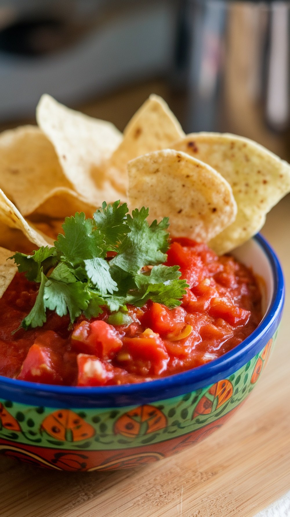 A bowl of spicy tomato salsa with tortilla chips and cilantro.
