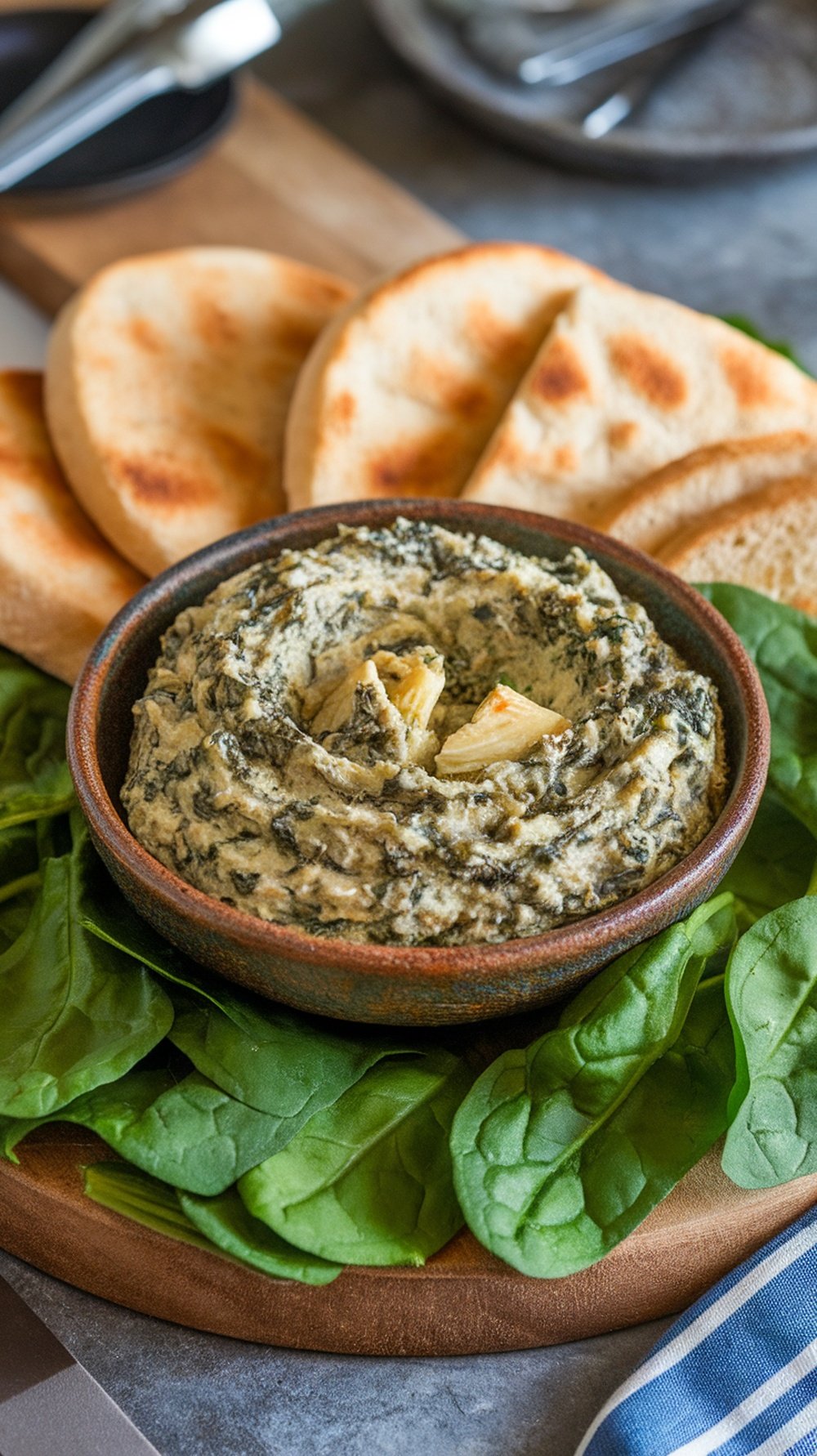 A bowl of spinach artichoke dip surrounded by pita bread and fresh spinach leaves.