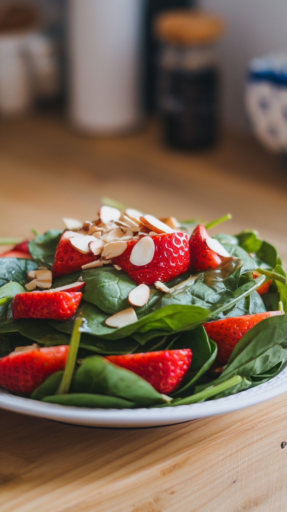 A fresh spinach salad topped with strawberries and sliced almonds.