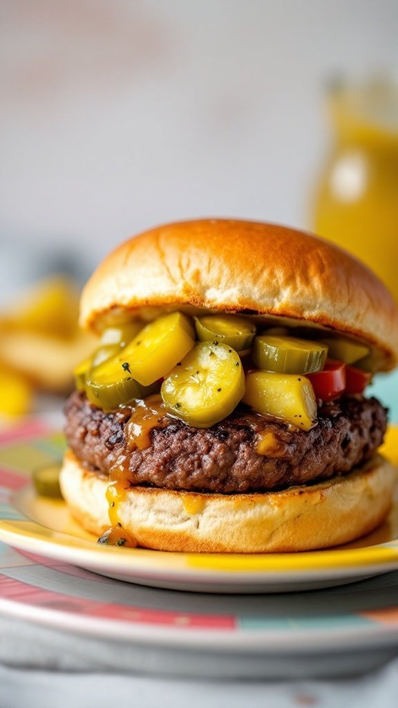 A hamburger topped with sweet and spicy jalapeño relish