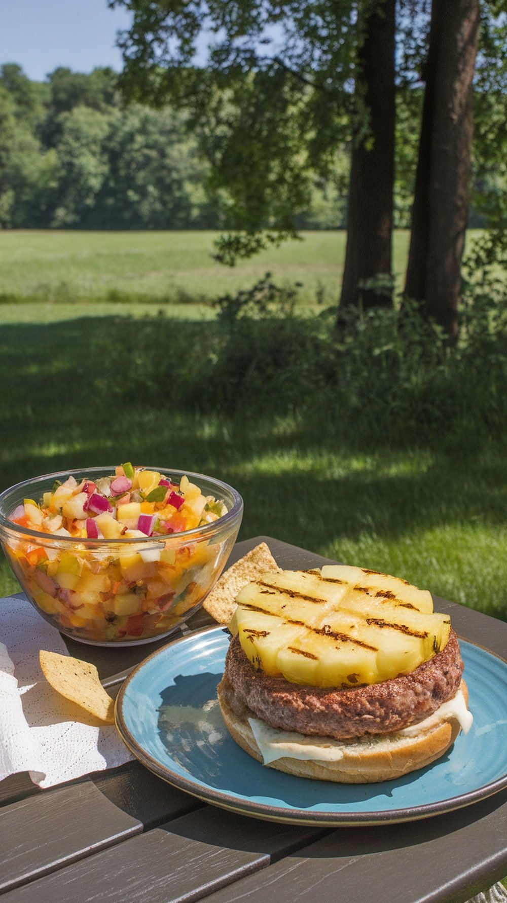 A plate with a grilled burger topped with pineapple and a bowl of colorful pineapple salsa on a table outdoors.