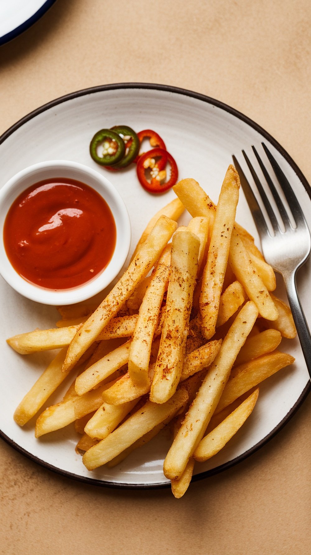 A plate of French fries with a small bowl of sweet chili sauce and sliced chilies.