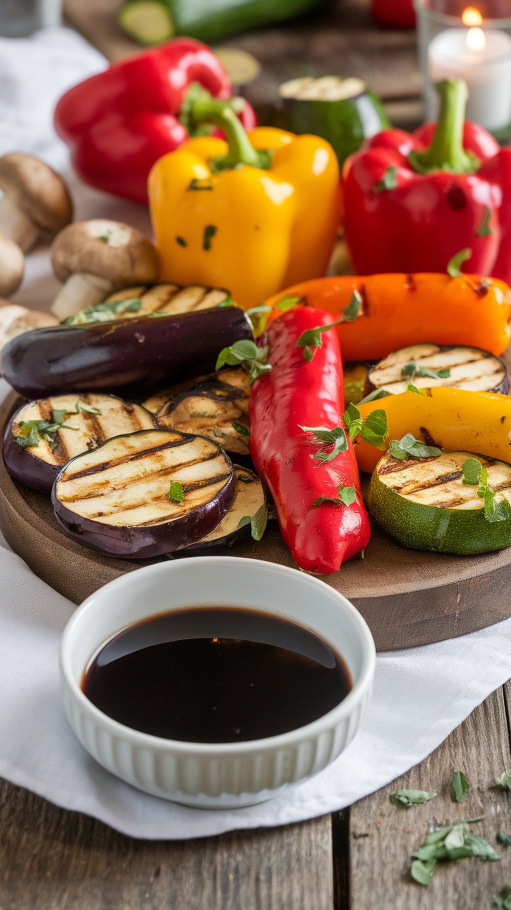 A bowl of tangy balsamic reduction sauce next to a variety of grilled vegetables.