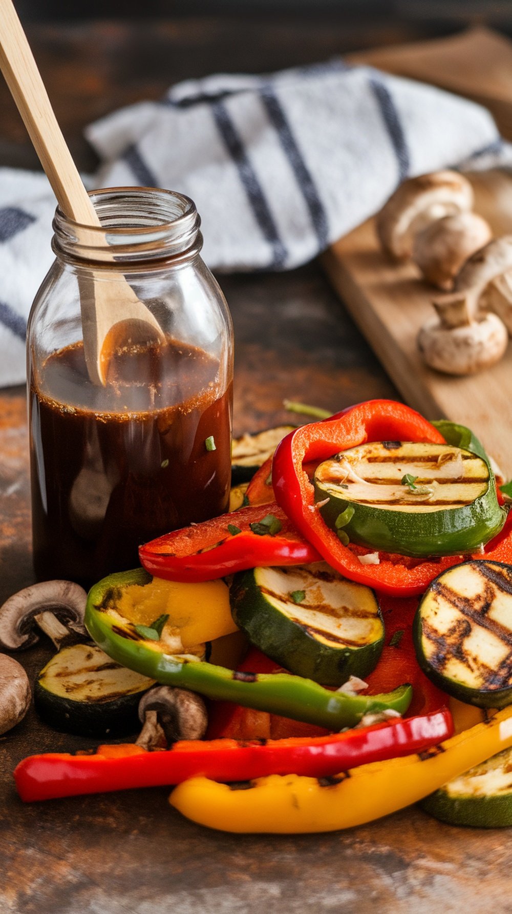 A jar of tangy coconut aminos teriyaki sauce next to grilled vegetables.