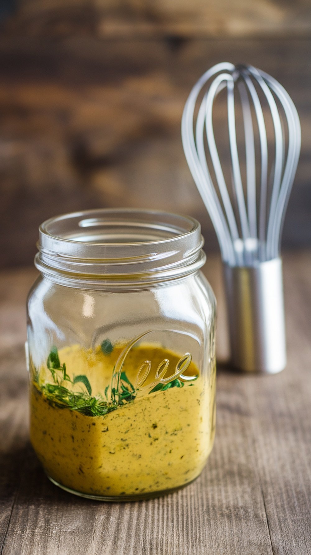 A jar of tangy mustard vinaigrette with herbs and a whisk nearby.