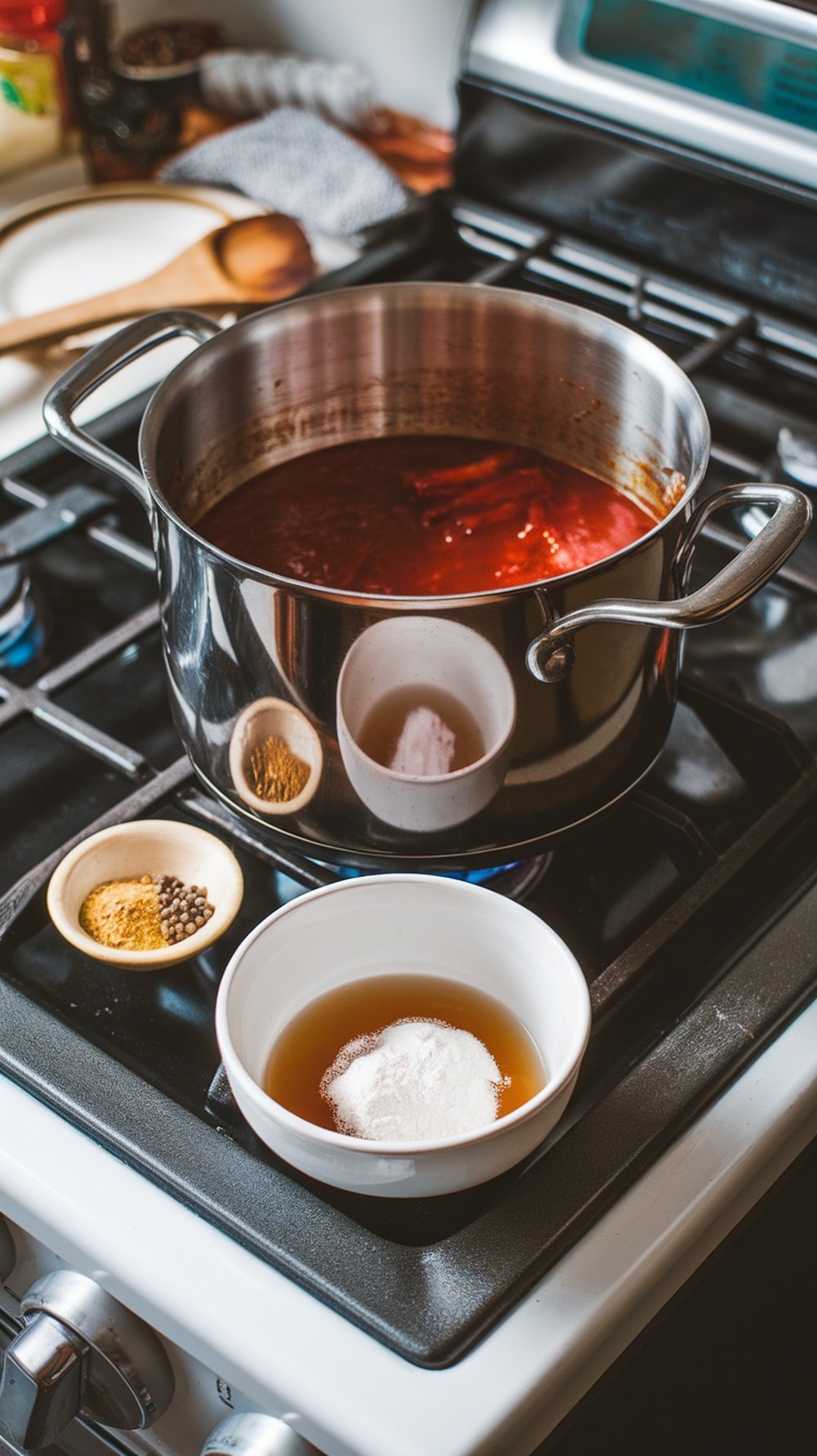 A pot of barbecue sauce on a stove with a bowl of cornstarch slurry and a small dish of spices.