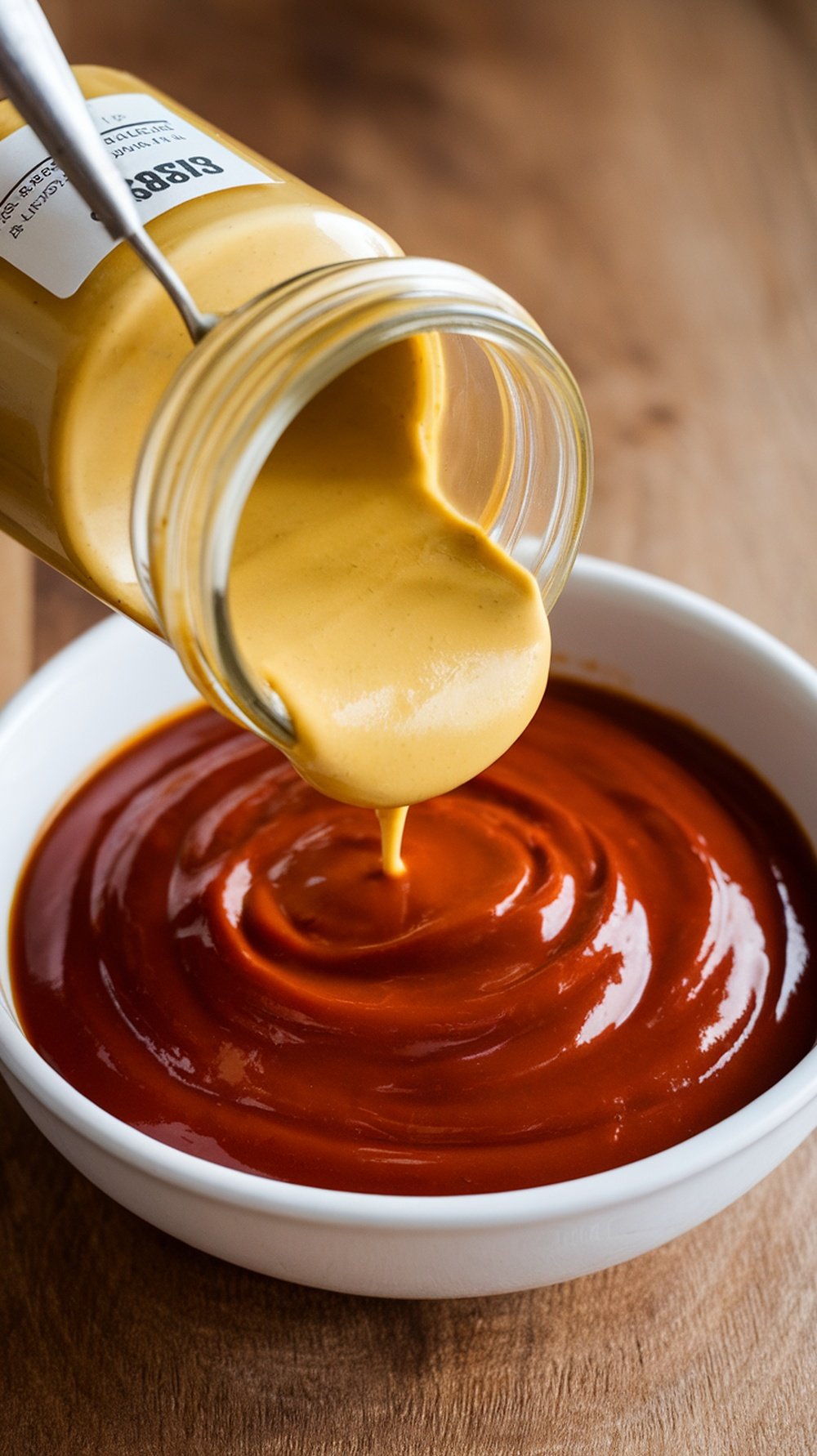 Mustard being poured into a bowl of BBQ sauce.