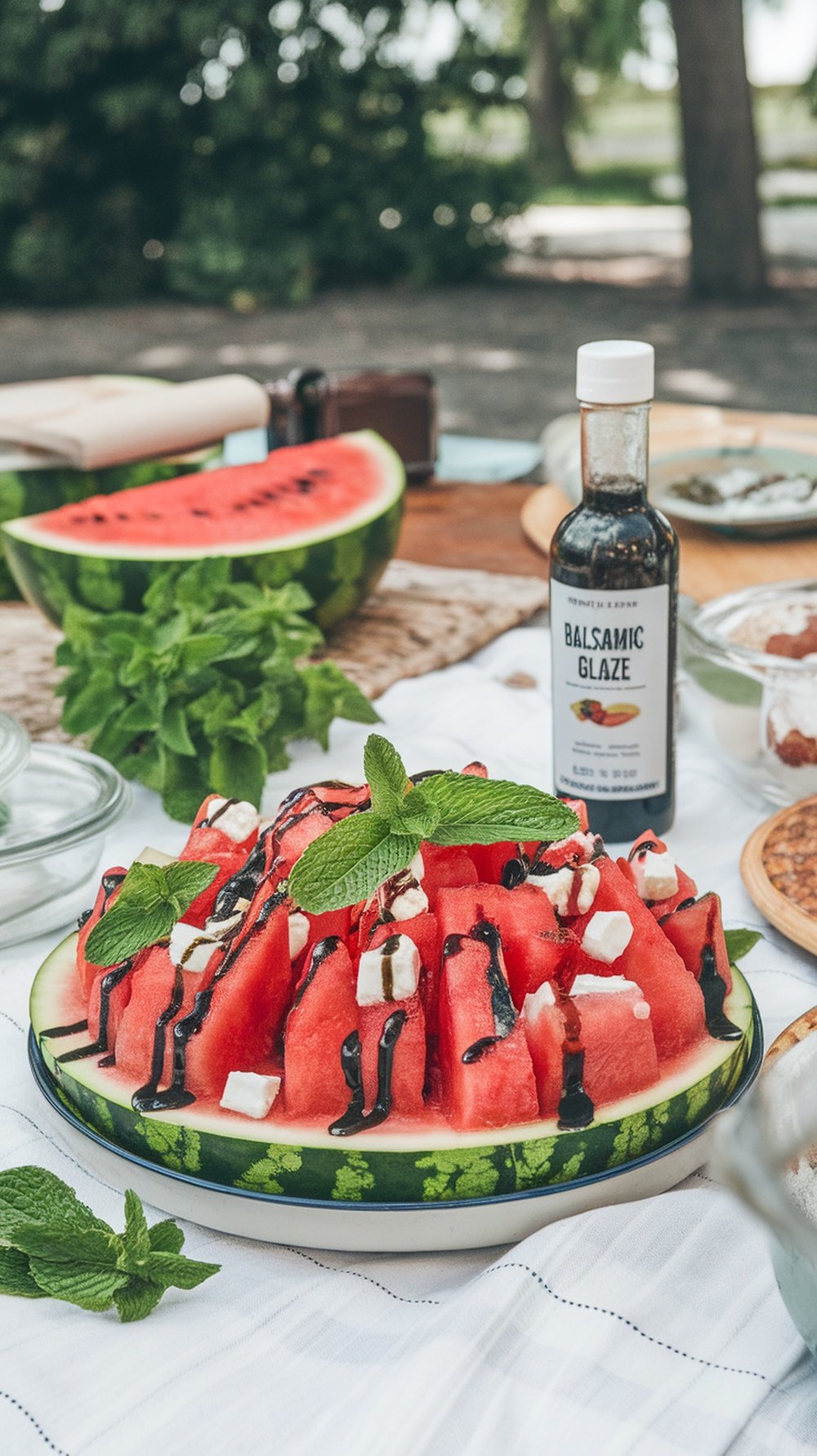 A refreshing watermelon salad with feta and mint.