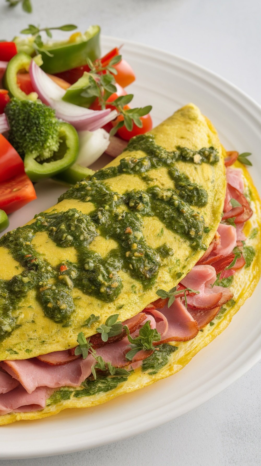 Omelet topped with chimichurri sauce, served with a colorful salad.