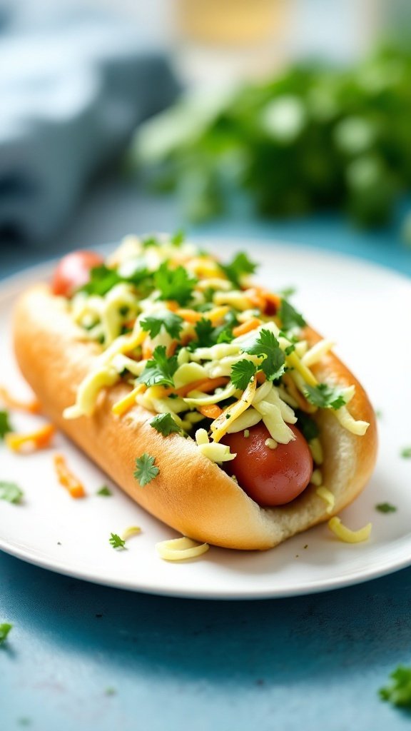 Hot dog topped with cilantro-lime slaw
